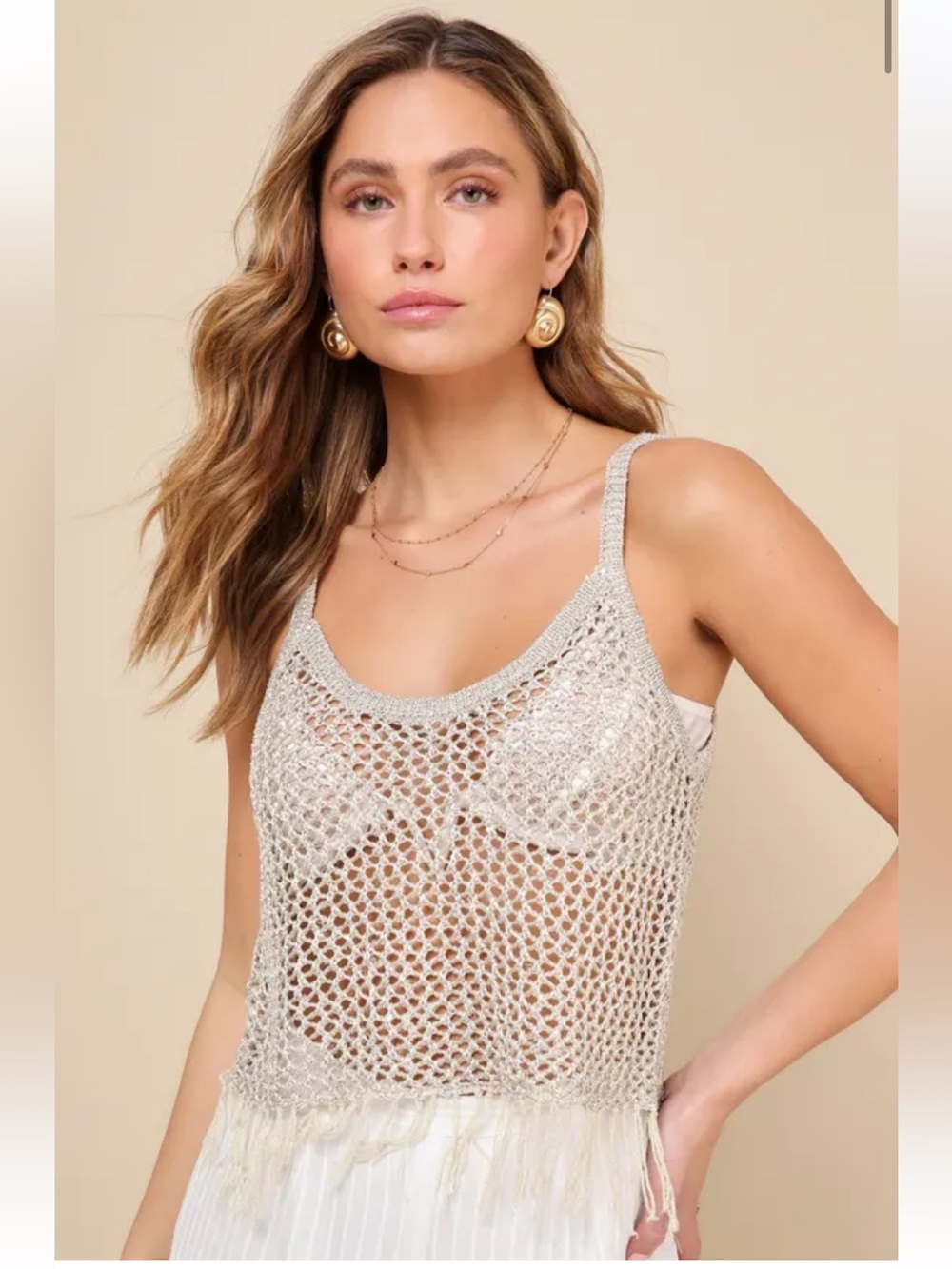NWT Lulu's Festive Vibes Beige Sheer Crochet Sequin Fringe Tank Top